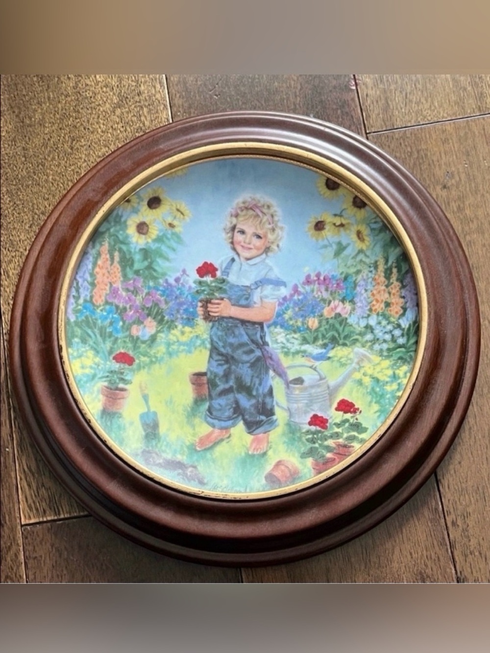 Reco Vintage Framed Round Wall Art - Child in Garden Print with Red Accents